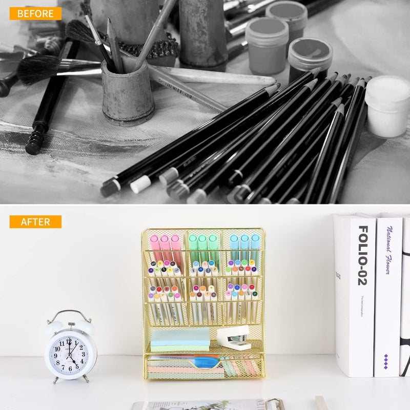 Spacrea Mesh Pen Organizer - Pencil Holder for Desk, Desk Organizer with Drawer for School, Home, Art Supplies (Gold) - Image 2